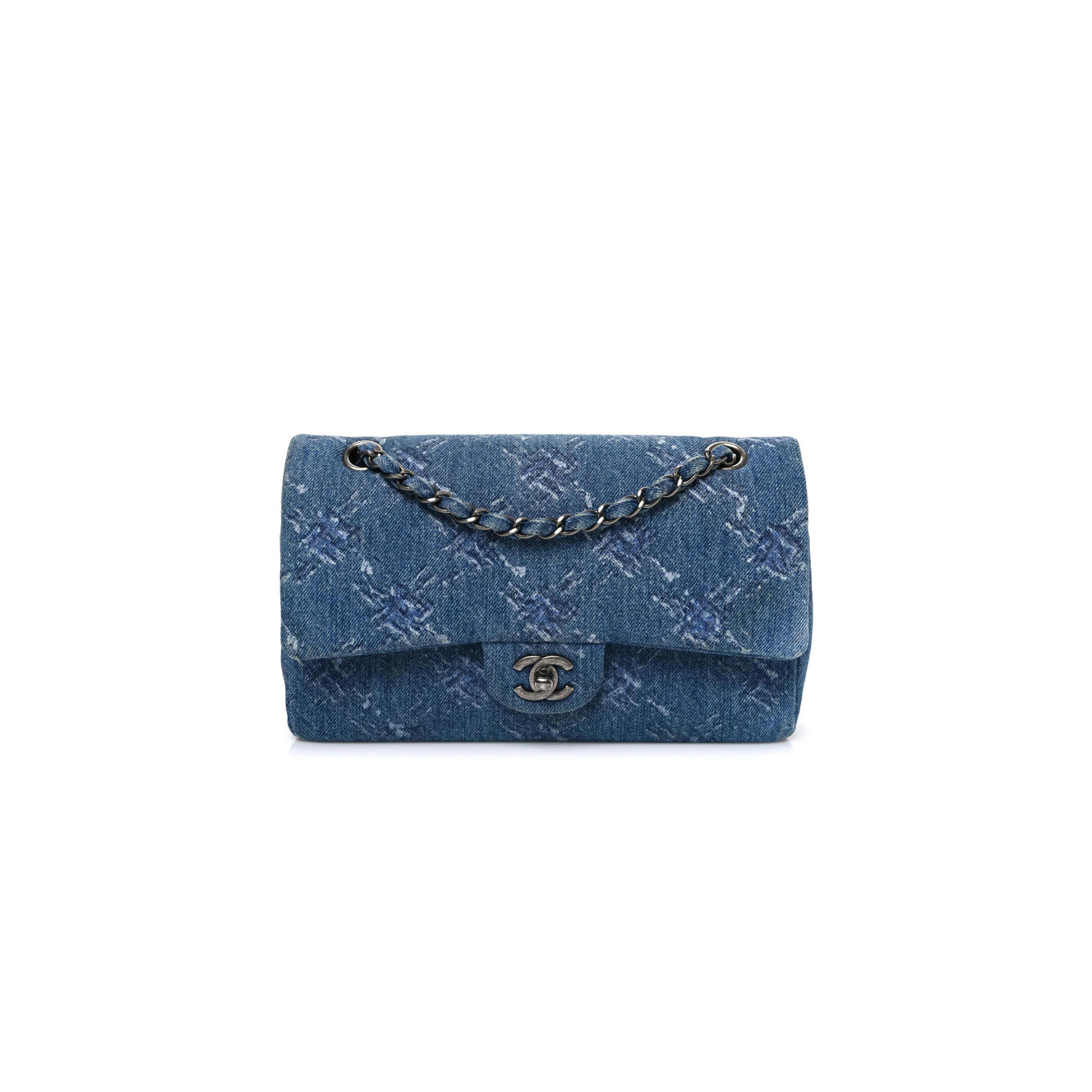 CHANEL MASTER DENIM BLEACHED CHAIN MEDIUM DOUBLE FLAP BLUE (25.5*15.5*6.5cm) 